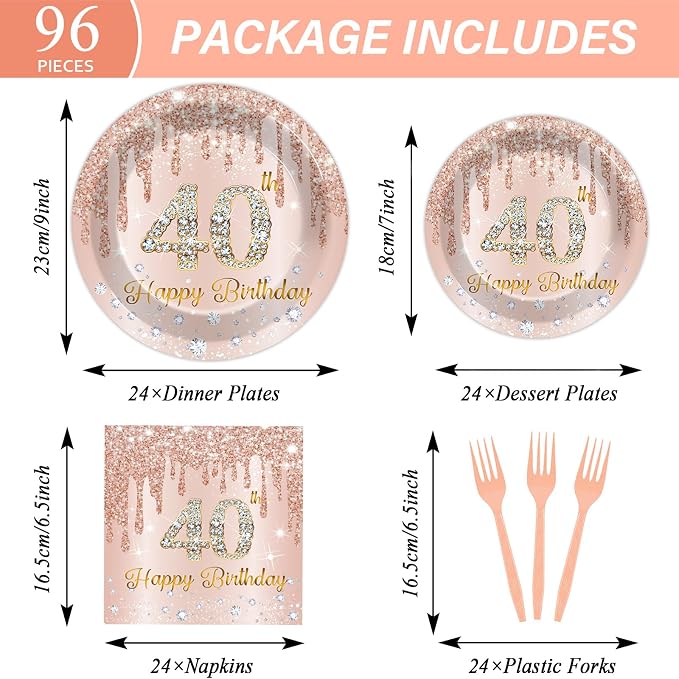 96PCS Rose Gold 40th Birthday Party Paper Plates and Napkins Forty Years Old Table Decorations 40th Birthday Disposable Dessert Tableware Set Serves 24 Guests Girl Ladies Women Party Supplies Favors