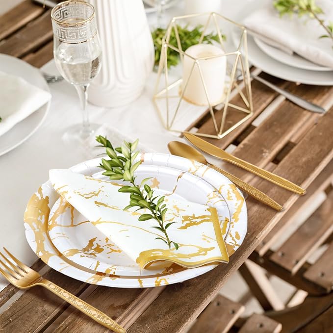 Bokon 350 Pcs Gold White Party Supplies Disposable Dinnerware Set Include 100 Plates 50 9 oz Paper Cup 50 Sets Spoon Fork Knives 50 Napkin for 50 Guests Wedding Birthday Valentines Party Decoration