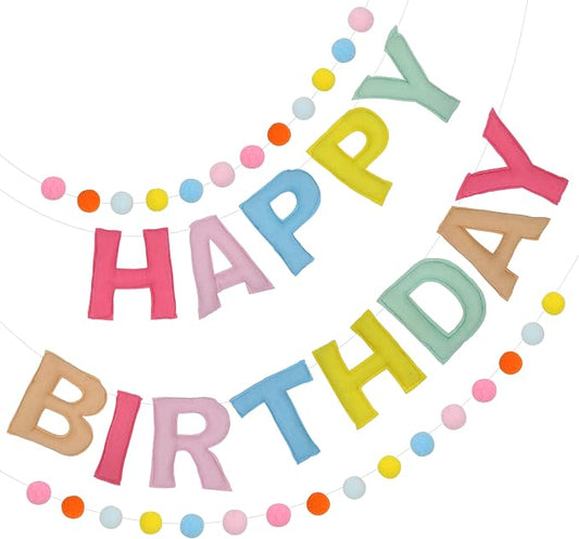 2-PCS Pre-Strung 3D Felt Happy Birthday Banner,Macaron Birthday Decorations | Reusable,Adjustable Distance,Soft,Max span 10ft,NO Assembly Required,Set up your birthday decorations in just one minute