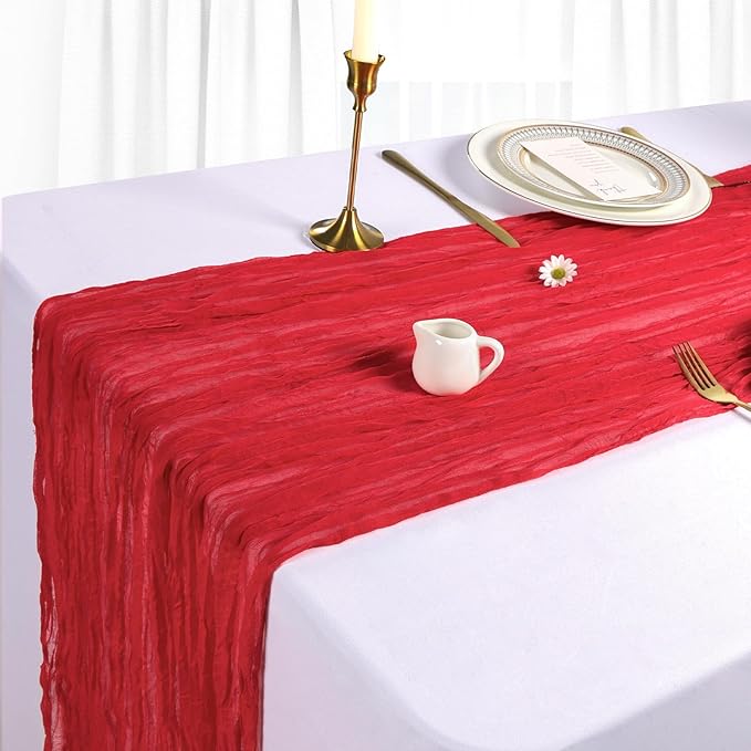 12 Pack Red Cheesecloth Table Runner 10Ft Spring Gauze Cheese Cloth Table Runner 35x120 Inch Boho Sheer Rustic Fabric for Holiday Party Decor Baby Shower Wedding Decorations