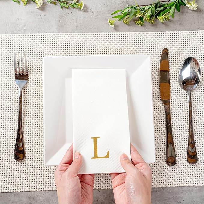 Luxenap 15.8 X 7.9 Inch Linen-Feel Guest Towels, 50 Lettered Hand Towels - Gold Letter 'L', Sans Serif Font, White Paper Dinner Napkins, airlaid, For Restrooms And Tables