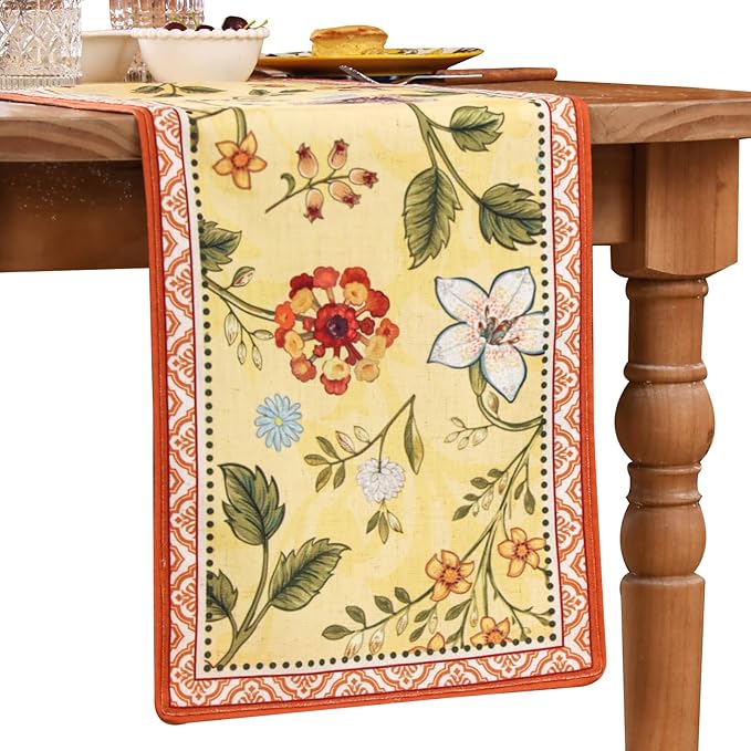 bilin gaier Linen Floral Yellow and Orange Table Runner 71 Inches Long,Wrinkle-Resistant Rustic Farmhouse Decor,Decor Luxury Vintage Runner Table Cloth for Coffee & Dining Table,12"x71"-Bellano