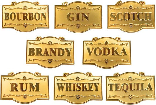 Deluxe Set of Liquor Tags for Bottles or Decanters, Golden Color, Set of 8 with Adjustable Chain Features (Bourbon, Brandy, Gin, Rum, Scotch, Tequila, Vodka, and Whiskey)
