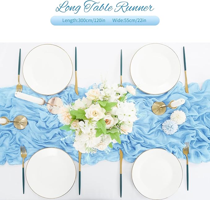 20 Pack Light Blue Cheesecloth Table Runner 120 Inch 10FT Rustic Boho Gauze Cheese Cloth Table Runner for Wedding Party Baby Shower Thanksgiving Christmas Decoration