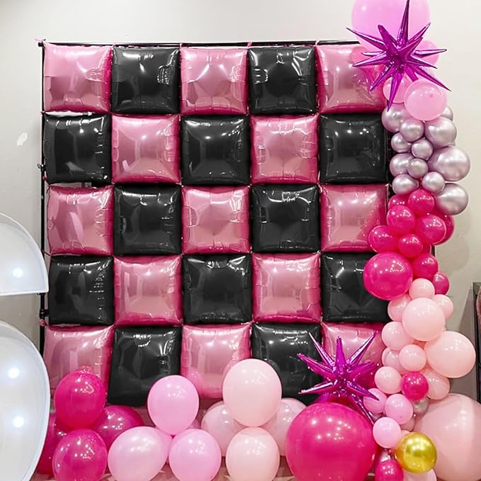 32PCS Pink and Black Square Foil Balloons, Double Sided Light Pink and Metallic Black Square Balloon Backdrop Wall with Star Foil Balloons Flat Tunnel Background for Girls Queen Birthdays Bachelorette