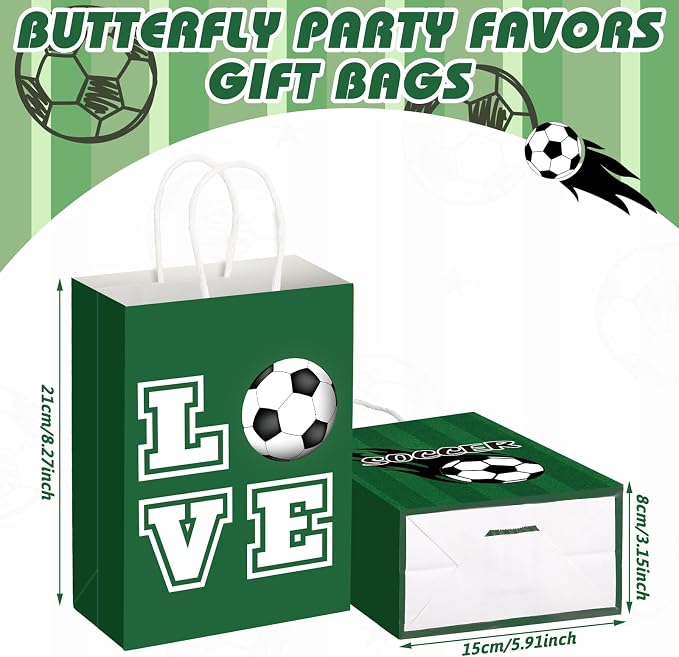 Outus 24 Pcs Soccer Party Favor Bags Sports Ball Goodie Gift Paper Bags with Handles Sports Ball Candy Treat Pouch for Sport Football Party Birthday 2026 World Soccer Decorations Supplies