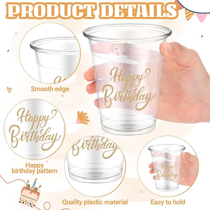 FoldTier 50 Pcs Happy Birthday Cups 12 oz Plastic Birthday Party Glasses Clear Disposable Drinking Cups for Home Kitchen Theme Party Favors Supplies Decoration