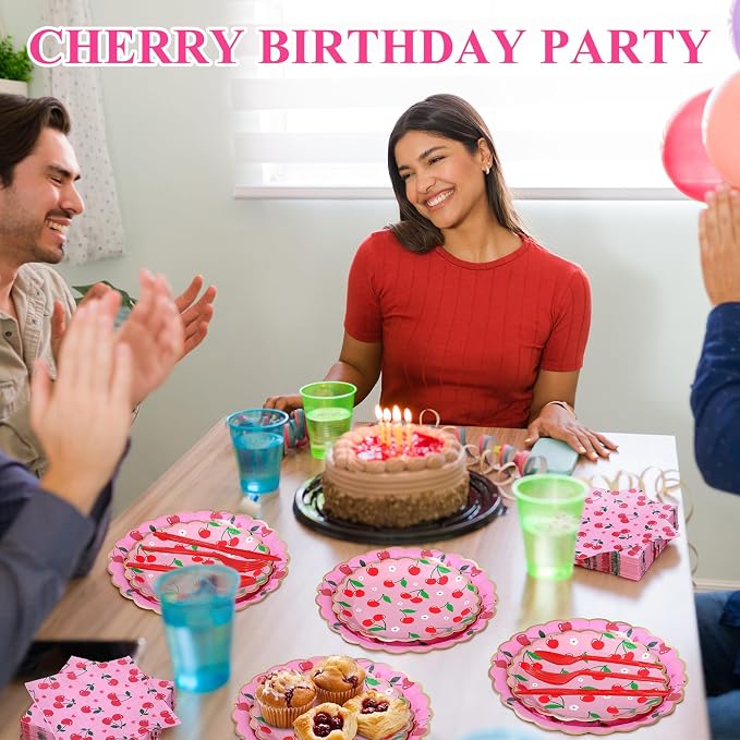 Funnymoom 400 Pcs Cherry Party Supplies for 50 Guest Cute Fruit Birthday Disposable Plates Napkin Cup Spoon Fork Knives for Summer Picnic Wedding Birthday Baby Shower Bridal Party Supplies