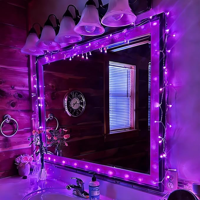 QITONG 2 Pack Battery Operated String Lights, Each 33ft 100 LED Purple Halloween Lights Outdoor Waterproof, 8 Modes Clear Wire Christmas Twinkle Fairy Lights Indoor with Remote