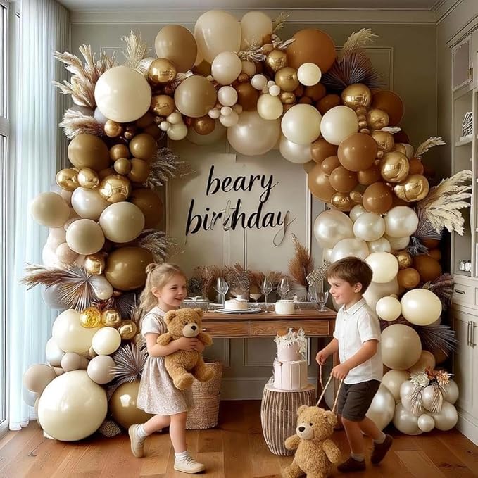 Brown Balloon Garland Arch Kit Double Stuffed, Pearl White Sand Tan Coffee Beige Apricot Ivory Gold Neutral Balloon for Boho Baby Shower Birthday Wedding Bear Gender Safari Party Decoration