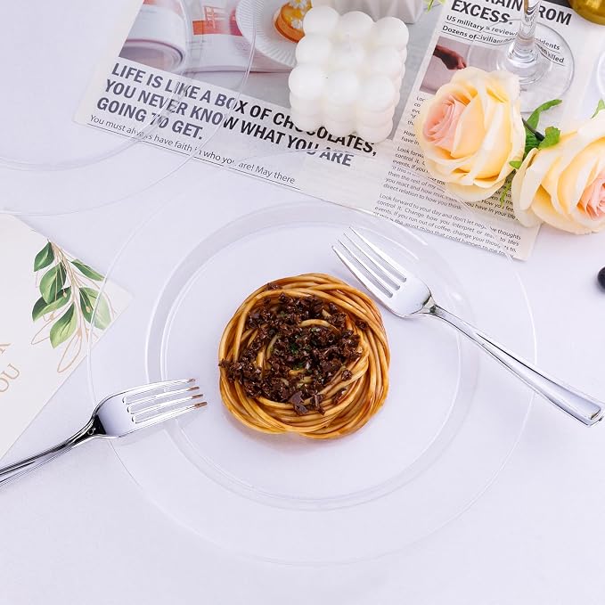 Bestluck 50PCS Clear Plastic Plates, Disposable Dinnerware for 25 Guests, Include 10.25 inch & 7.5 inch Dinner & Dessert Plates for Party, Wedding and Graduation