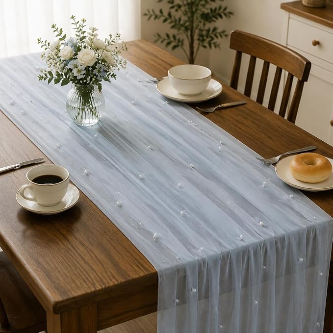 Pearl Blue Gauze Pearl Table Runner 120 Inch 10FT, Seasonal Sheer Dining Holiday Wedding Birthday Baby Shower Tulle Summer Table Decor for Home Party