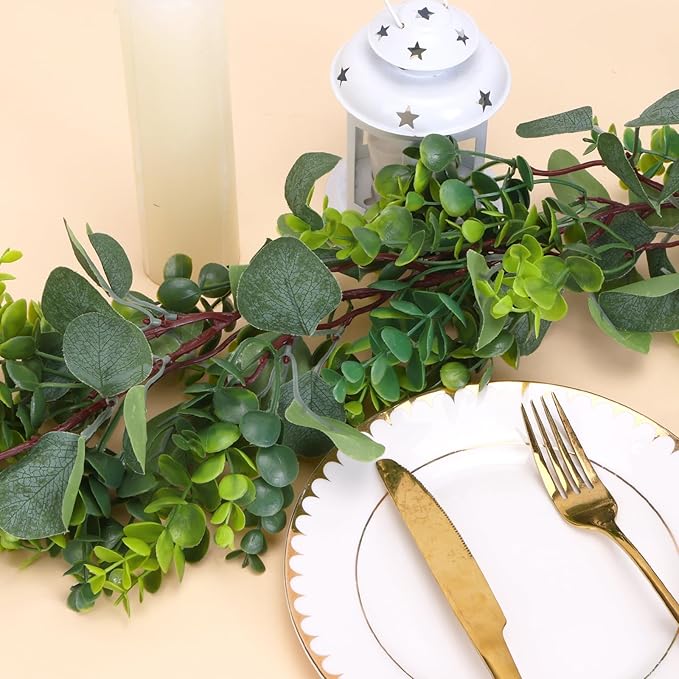 JPSOR 2pcs Artificial Eucalyptus Garland Total 13.2ft Greenery Garland Fake Eucalyptus Leaves for Wedding Arch Farmhouse Mantle Table Runner Centerpiece Home Party Decor