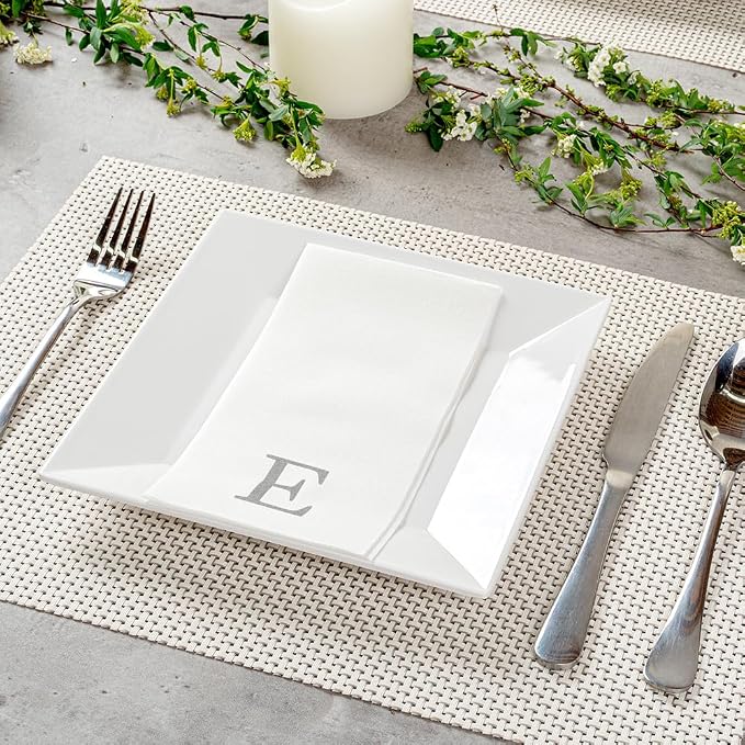 Luxenap 15.8 X 7.9 Inch Linen-Feel Guest Towels, 2000 Lettered Hand Towels - Silver Letter 'E', Sans Serif Font, White Paper Dinner Napkins, airlaid, For Restrooms And Tables - Restaurantware