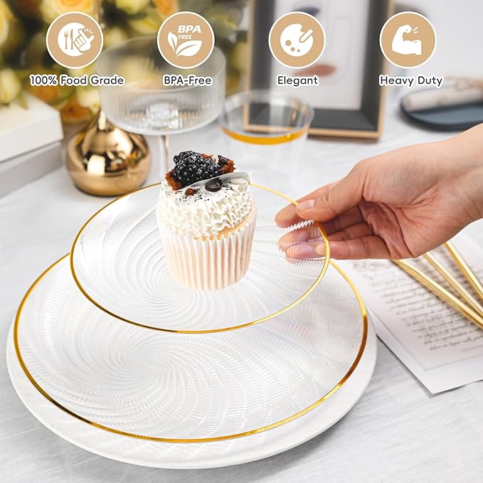 N9R 180 PCS Disposable Dinnerware Set with Gold Rim Clear Plastic Plates for 30 Guests, Include 30 Dinner Plates, 30 Dessert Plates, 30 Cups, 90 Heavy Duty Gold Plastic Silverware for Party & Wedding