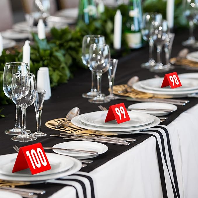 Tuanse 100 Pcs Acrylic Table Numbers 1-100 Double Sided Minimalist Restaurant Wedding Table Tent Cards for Party Event Banquets Wedding Reception, 2.5 x 2 x 1.6 Inch(Red Background)