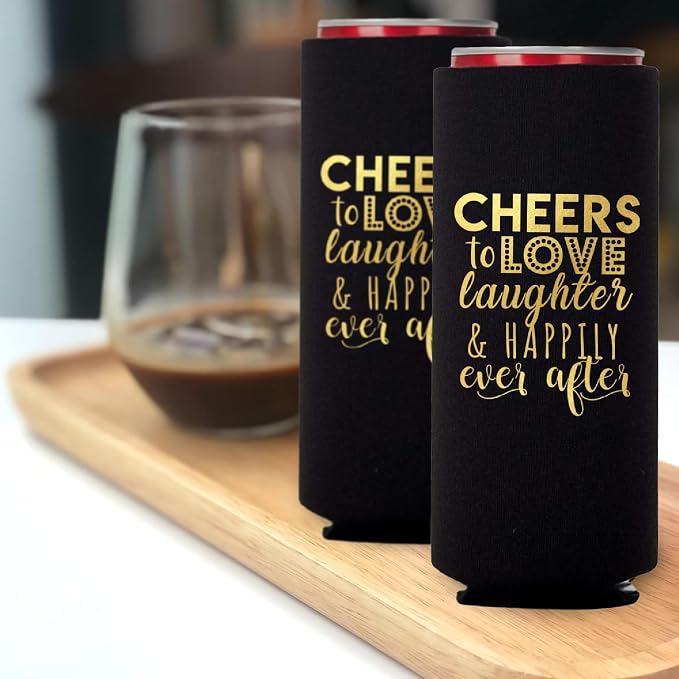 Wedding Can Cooler Decorations Set of 12 - Cheers to Love Laughter and Happily Ever After, Wedding Rehearsal Dinner Decorations - Bridal Showers, Engagement Party Favors for Guests and Supplies