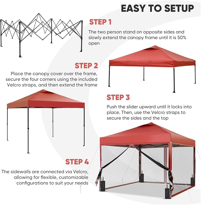 GDY 10x10 Pop up Canopy Tent with Mosquito Netting, Easy up Gazebo for Patio, Camping and Garden, Includes 4 Sandbags, Red