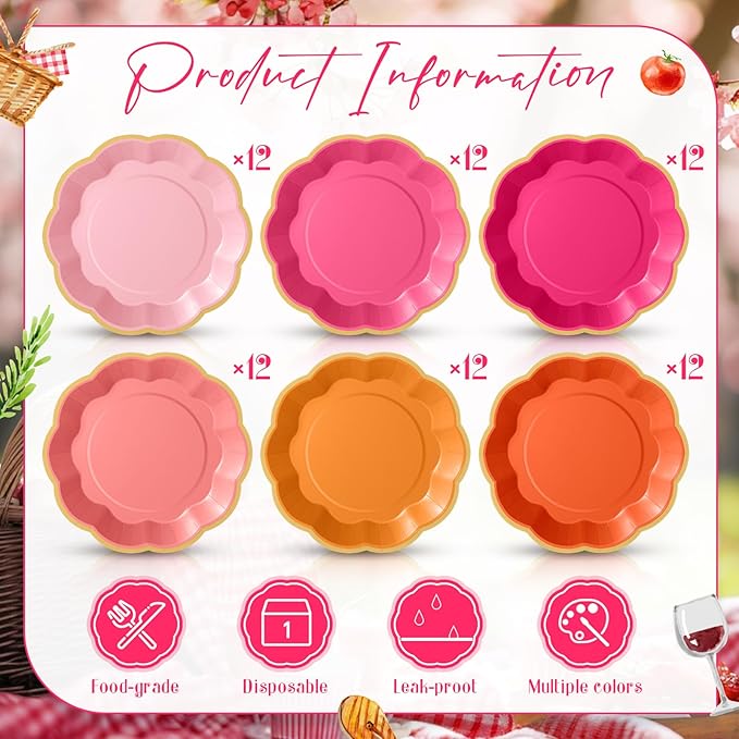 72 Pcs Pink and Orange Paper Plates 9 Inch Pink and Orange Scalloped Paper Disposable Dinner Dessert Plates for Birthday Wedding Bridal Party Supplies, 6 Colors