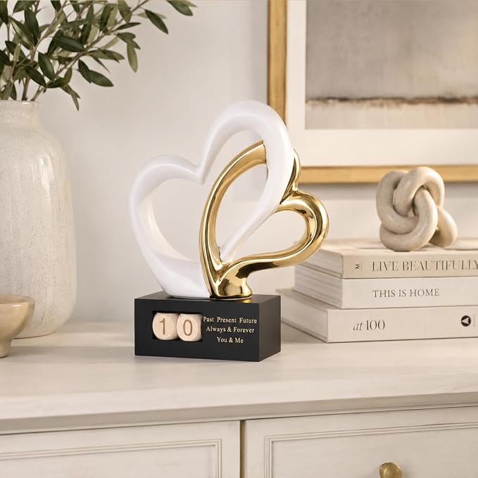 Ceramic Heart Sculpture with Date Blocks, White Gold Hearts Statue for Home Decor, Romantic Valentines Day & Wedding for Couple, Shelf Mantel Tabletop Display (White Gold)