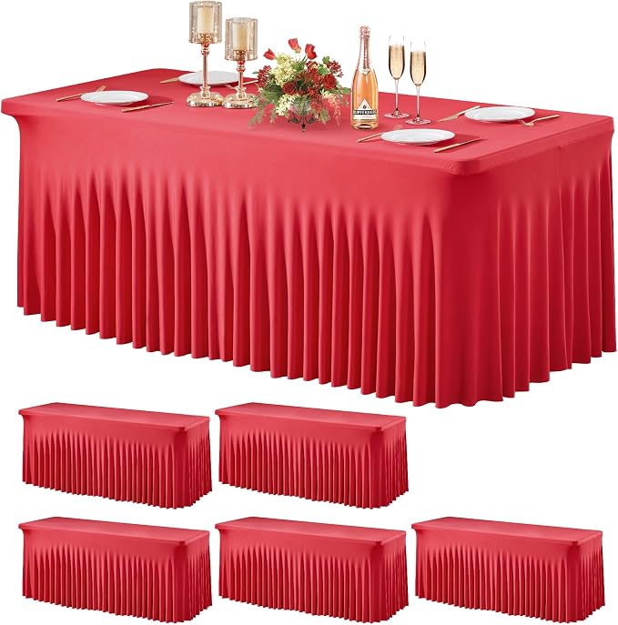 Wish Care 6 Pack Red Stretch Spandex Table Clothes for 4 Foot Rectangle Tables, 4FT Wrinkle Free Fitted Tablecloths Ruffles Design Table Cover for Party, Banquet, Wedding and Events