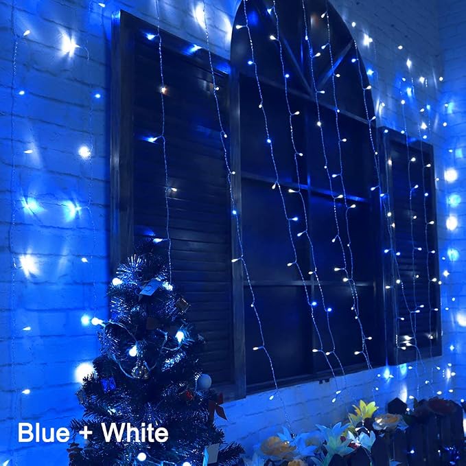 HEYFUNi Fairy Curtain Lights Plug in, 304 LED 9.8FT x 9.8FT, Blue & White | 8 Modes Backdrop Window Lights for Bedroom, Hanging String Lights for Christmas, Party, Patio, Lawn, Garden, Wedding Decor