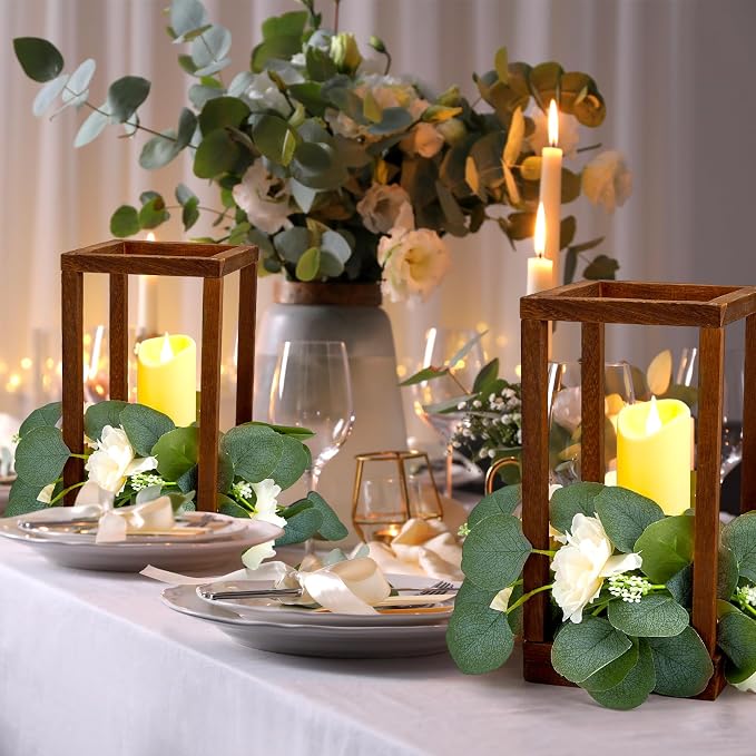 Sabary 5 Set/ 15 Pcs Wooden Wedding Lantern Centerpiece, Include 5 Candle Holders 5 LED Candles 5 Eucalyptus Leaves Wreath for Rustic Wedding Table Decoration, Country Barn Table Valentine Decor
