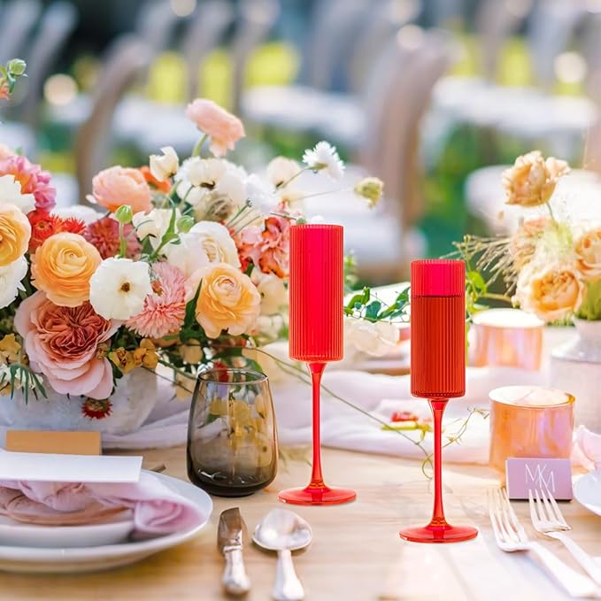 JLYLOL 12 Pcs Red Plastic Champagne Flutes 6OZ Large Ribbed Champagne Glasses Toasting Glass Plastic Goblets for Parties Vintage Mimosa Bar Glasses Elegant Stemmed Drinking Cups for Wedding Bride