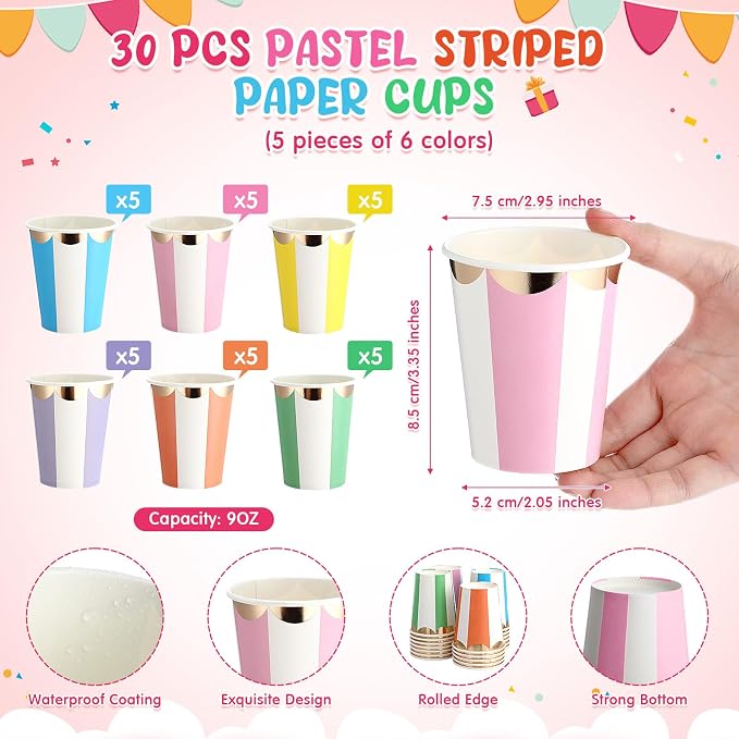Mimorou 150 Pcs Pastel Scalloped Paper Plates Disposable Macaron Party Plates 7 Inch Gold Edge Colorful Dinnerware Set Striped Pastel Rainbow Tableware for Wedding Birthday Baby Shower Party Supplies