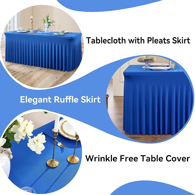 6 pk Royal Blue Spandex Tablecloths 8ft with Ruffle Table Skirt, Wrinkle Free Stretchy Fitted Tablecloth for 8 Foot Rectangle Tables, Elastic Spandex Table Covers 8ft for Party Wedding Banquet