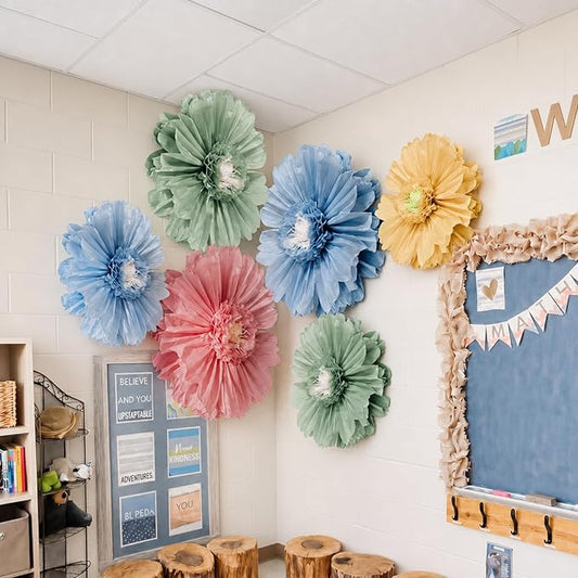 Giegxin 6 Pcs 31.5", 24" Boho Giant Paper Flower Morandi Back to School Bulletin Board Decoration Large Green Blue Classroom Tissue Flower for Wall DIY Nursery Photo Backdrop First Day of School Party