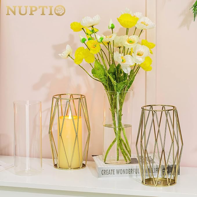 NUPTIO Gold Geometric Hurricane Glass Candle Holders, Set of 2 | 2 Matching Diamond Frames, Clear Cylinder Vases, for Flowers, Pillar Candles, Wedding Party Table Centerpieces