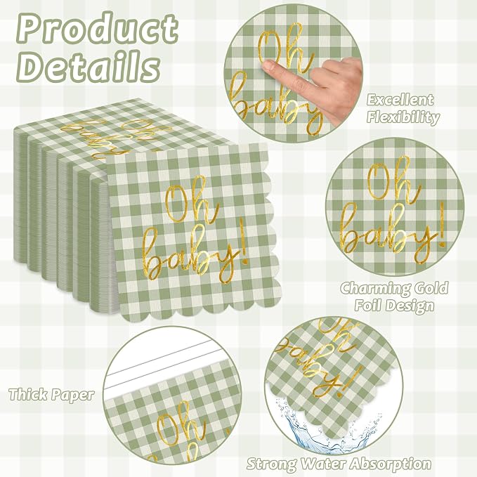 96PCS Sage Green Baby Shower Decorations Gold Sage Green Checkered Paper Plates Scalloped Napkins Tableware Set Hello Sweet Baby Disposable Dinnerware Favor for Gender Reveal Birthday Party Supplies