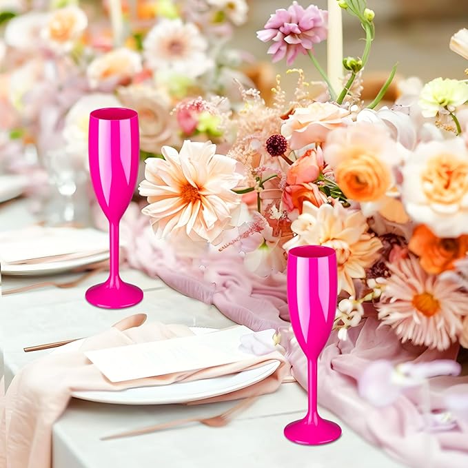 48pcs Pink Champagne Flutes,6OZ Acrylic Champagne Glasses Plastic Goblets Wine Mimosa Glasses Wedding Toasting Shatterproof Reusable Vintage Champagne Flute Drinking Cups for Bridal Christmas Party
