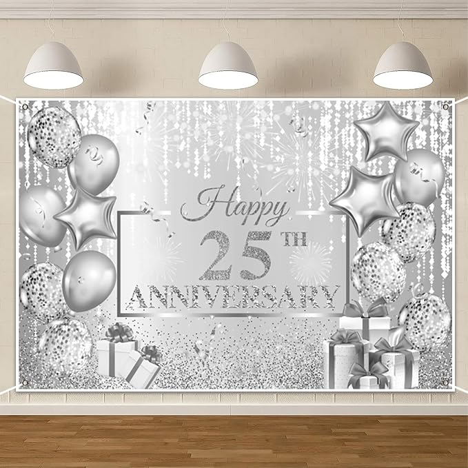 AOFOTO Happy 25th Anniversary Backdrop Glitter Grey Spots Ballons Printed Photography Background 25 Years Wedding Anniversary Party Home Wall Decor Supplies Banner Portrait Photo Studio Props 8x6ft