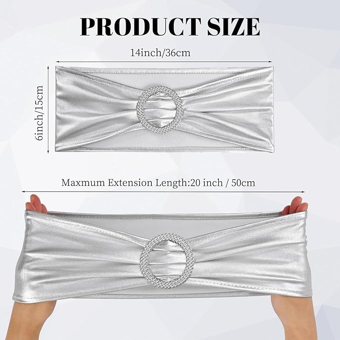 100 PCS Spandex Chair Sashes Bows Premium Stretch Chair Cover Band with Buckle Slider Universal Elastic Chair Ties for Wedding Party Ceremony Events Reception Banquet Decoration (Metallic Silver)