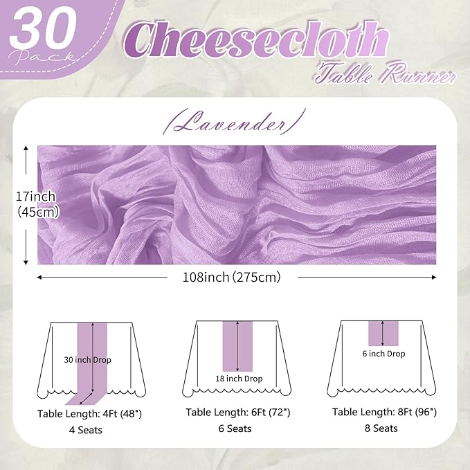 30 Pack Lavender Cheesecloth Table Runner 17 x 108 inch Cheese Cloth Table Runners 9ft Lavender Table Runner Rustic Romantic Sheer Gauze Runner for Wedding Party Baby Shower Table Decoration