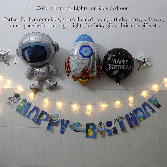 Color Changing Lights for Kids Bedroom, Birthday Gifts for Kids,11Ft 20Leds Tent Lights for Kids with Rocket Spaceship Astronaut Pendants for Christmas Space Themed Birthday Party Decorations