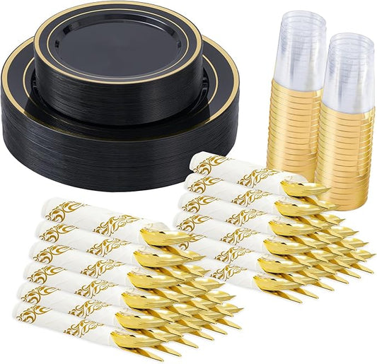 Fijinhom 175 Pcs Black Gold Disposable Plates for 25 Guests, Disposable Plastic Plates, Dinnerware Set Include 25 Dinner Plates, 25 Salad Plates,25 Cups, 25 Paper Napkins for Party, Wedding