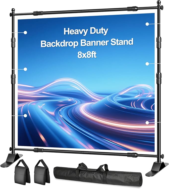 FUDESY Photo Backdrop Banner Stand, 8x8ft Adjustable Step and Repeat Stand | Heavy Duty, 8x8 Backdrop Stand, Telescopic Tube, Party, Display, Trade Show, Photography, Wedding, Photo Booth