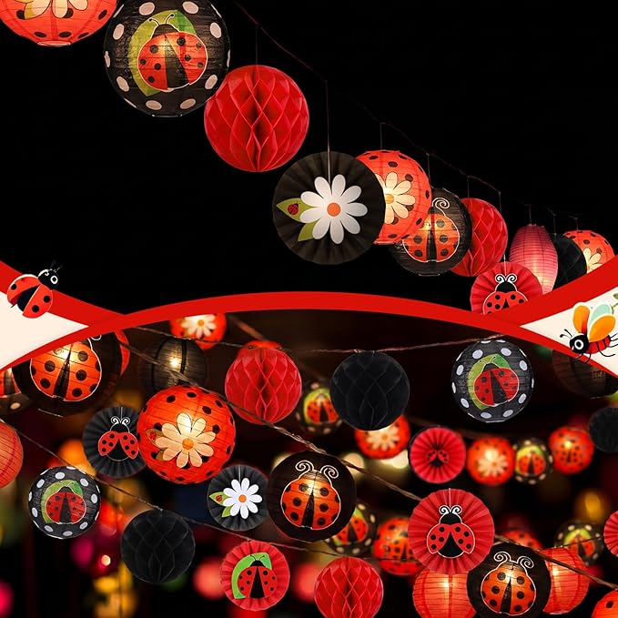 Retisee 18 Pcs Ladybug Party Decorations Kit Red Black Polka Dot Ladybug Flower Paper Lanterns Hanging Decoration Red Black Paper Fans Hanging Honeycomb Ball for Lady-Bug Birthday Party Supplies