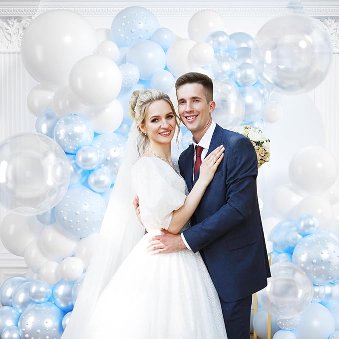 Blue Balloon Arch Kit 177Pcs Blue and White Balloon Arch Kit with Double Stuffed Pearl Balloons Clear Pearl Stickers for Wedding Birthday Bridal Shower Engagement Baby Shower Party Decorations