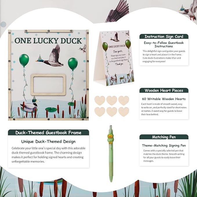 Mallard Duck Baby Shower Decorations,Baby Shower Guest Book Alternatives with Pen,Photo Frame and 60 Heart Wood Slices for 60 Guests,One Lucky Duck Birthday Decorations