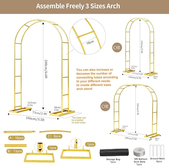 6.6FT Metal Wedding Arch Stand Gold Square Arched Backdrop Frame，Assemble Freely 3 Sizes,Metal Pergola Arbor with Base for Party Ceremony Birthday Bridal Baby Shower Garden Floral Balloon Arch Decor