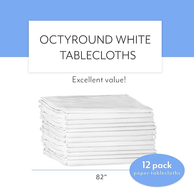 Upper Midland Products White Paper Table Cloths for Round Tables - 82” Octyround Paper Tablecloths with Plastic Backing Round Paper Table Cover (12-Pack)