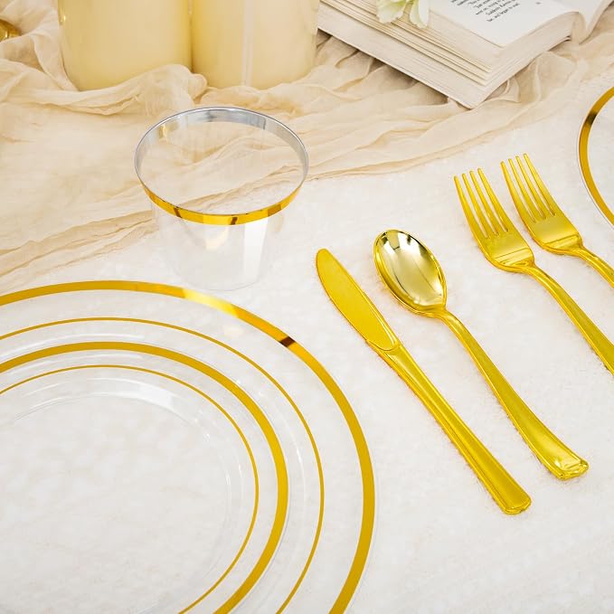 WELLIFE 450 PCS Clear Gold Disposable Dinnerware Set for 75 Guests, Clear and Gold Plastic Plates for Party, 75 Dinner & Salad Plates, Cups, Spoons Forks Knives for Wedding and Party Anniversary