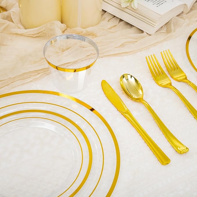 WELLIFE 300 PCS Clear Gold Dinnerware Set for 50 Guests, Clear and Gold Plastic Plates for Party, 50 Dinner Plates, 50 Salad Plates, 50 Cups Forks Knives Spoons for Wedding and Party Supplies