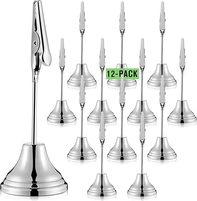 Skyygemm 12 Pcs Table Number Holders 3 Inch Place Card Holder with Alligator Clip Metal Table Card Holders Table Number Stands Table Sign Holders for Photos, Food Signs, Birthdays, Weddings (Silver)