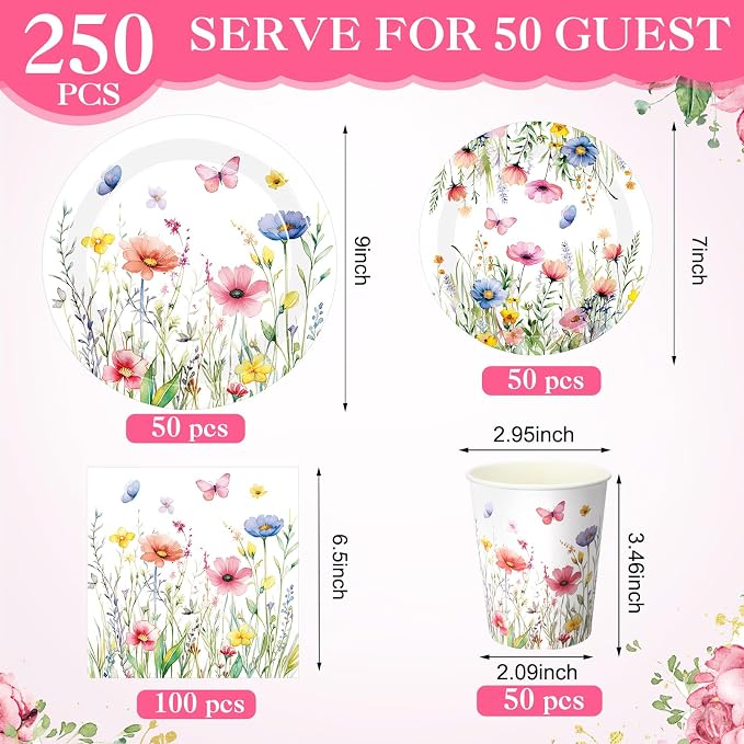 Ziliny 250 Pcs Wildflower Party Decorations Include Spring Summer Floral Paper Plates Napkins and Cups for Wildflower Baby Shower Tea Decorations, Serve 50 Guest(Colored,Vivid Style)