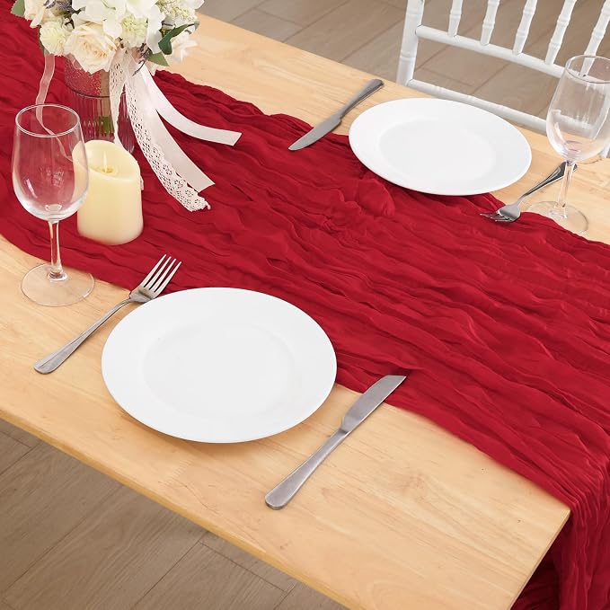 3 Pack Red Cheesecloth Table Runner 120 Inch 10FT Cheese Cloth Fabric Runners for Banquet, Valentine's Day, Independence Day, Retro Decoration